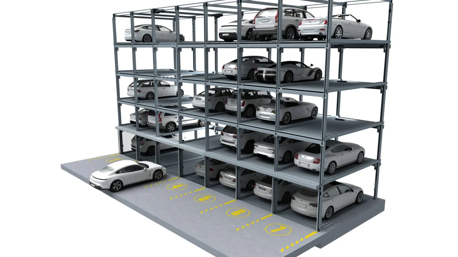 Wöhrin monitasoinen autoparkkijärjestelmä, jossa autoja pysäköidään useaan tasoon tehokkaan tilankäytön saavuttamiseksi