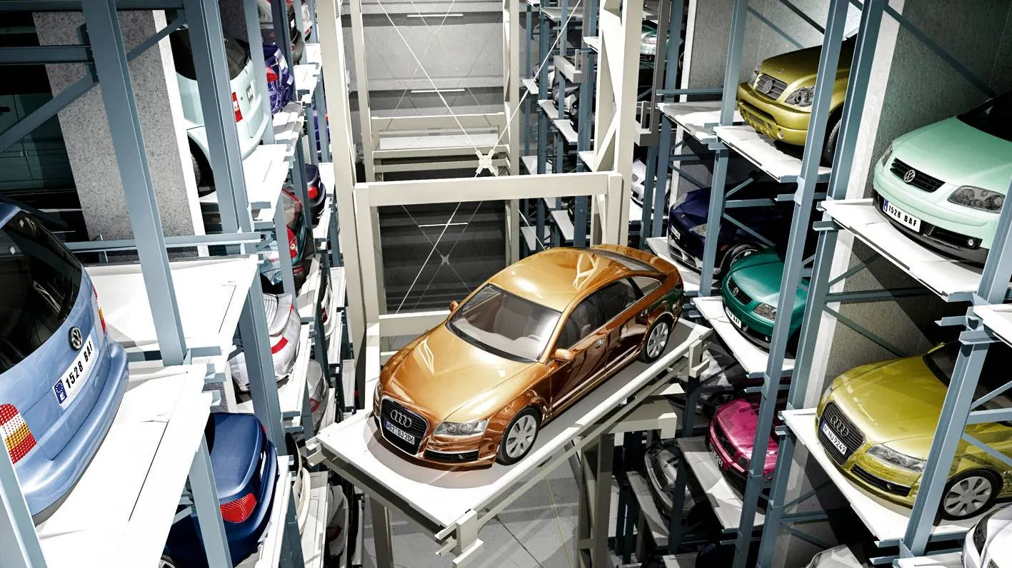 Wöhr Multiparker 710 -automaattinen autoparkkijärjestelmä, jossa ajoneuvot sijoitetaan tehokkaasti useaan kerrokseen
